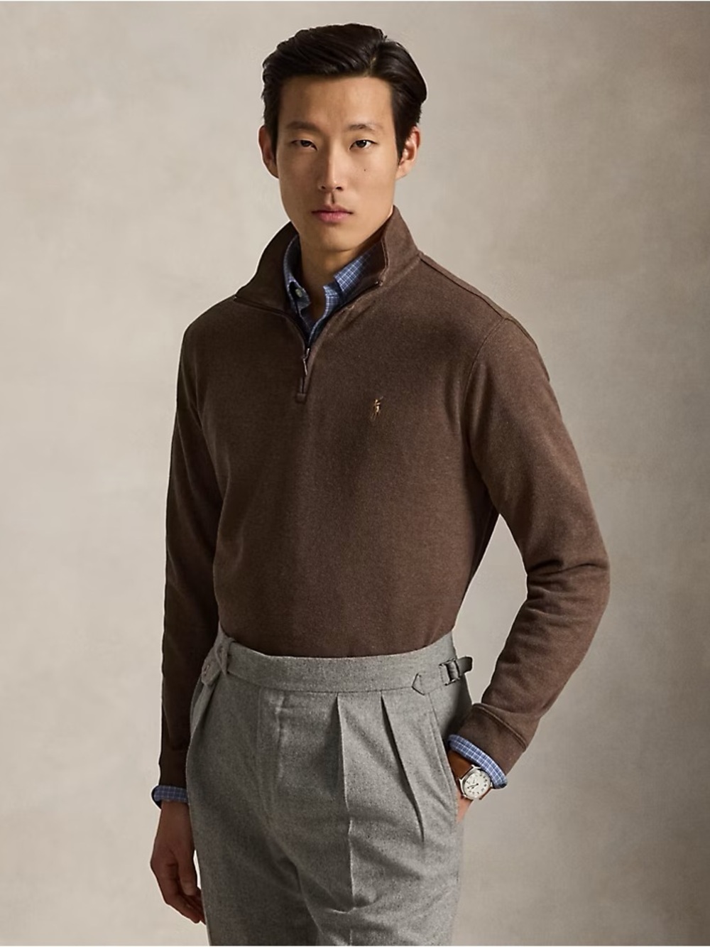Polo Ralph Lauren Men’s Brown Heather Estate Rib Quarter-Zip Pullover, Size XL